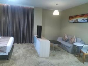 Purest Hotel Sungai Petani في سونغاي بيتاني: غرفة في الفندق بها سرير وتلفزيون وأريكة