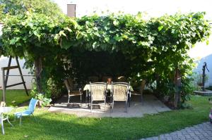 einen Tisch und Stühle unter einem Bogen mit Trauben in der Unterkunft Weinbauernhof Löscher in Retz
