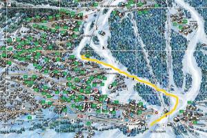 a map of a city with a yellow line at Meribel Altitude1600 chalet 6 personnes en pleine nature au milieu des pistes in Méribel