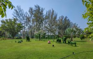 un grupo de personas parados alrededor de elefantes en un campo en Laguna Park Townhomes & Villas en Bang Tao Beach