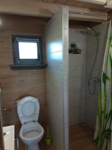 a bathroom with a toilet and a shower with a window at Domki Nad Stawem Mazury in Mrągowo