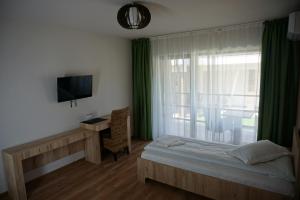 Schlafzimmer mit einem Bett, einem TV und einem Fenster in der Unterkunft Pensiunea Patru Anotimpuri in Sasca Română