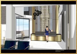 a rendering of a woman walking in a lobby at Maralia Hotel in Nicosia