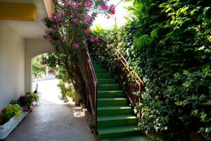 a stairway with green steps and pink flowers at Apartments Drago Kovačić in Omiš