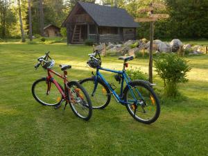 two bikes parked in the grass in front of a house at Haaviku Nature Cottage in Tepelvälja
