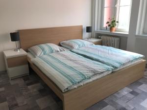 een slaapkamer met een bed met 2 nachtkastjes en een raam bij Apartmán Havlíčkova in Karlsbad