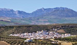 a small town on a hill with mountains in the background at Molino Romano in Alcalá del Valle