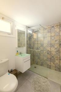 a bathroom with a shower and a toilet and a sink at Andriana City Centre Flat in Larnaka