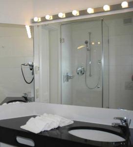 
a bathroom with a shower, sink, and toilet at Hotel Goldenes Kreuz in Regensburg
