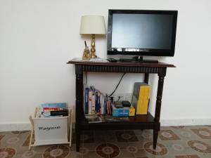 a tv on a table with a shelf with books at Village Apartment Skurić in Čilipi