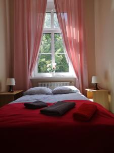 a bedroom with a bed with red sheets and a window at Rooms Close To Everywhere in Gdańsk