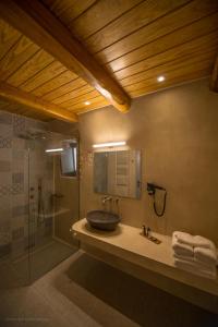 uma casa de banho com um lavatório e um chuveiro em IPPOLA BOUTIQUE HOTEL em Érimos
