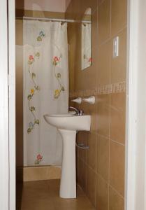 een badkamer met een wastafel en een douchegordijn bij Complejo Los Olivos in San Rafael +20 foto's