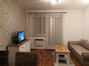 a living room with a couch and a tv and a table at Apartman 10 in Oščadnica