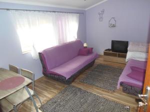 a living room with a purple couch and a tv at Majowy Domek in Posada Górna