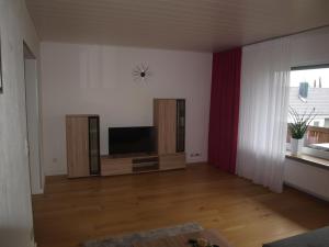 a living room with a flat screen tv and a red curtain at SC Apartment - Nürnberg Messe / Fränkisches Seenland in Schwabach