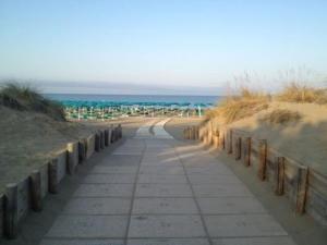 un camino en la playa con una ciudad en el fondo en Bilocale a 40 mt. dalla spiaggia circondato dalla pineta, en Marina di Grosseto