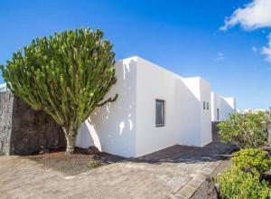 Una casa blanca con un árbol delante. en Villa Neptuno with private pool, sea view, Sat-tv & free Wifi, en Playa Blanca