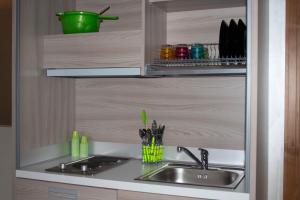 a kitchen counter with a sink in a cabinet at Green Apartment in Rosolina Mare