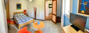 a small room with a bed and a television at Gite en Cevennes 4 personnes in Ponteils-et-Brésis