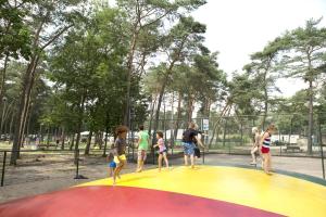 un grupo de personas de pie en un trampolín en RA Reeënveld Mobile home, en Arnhem