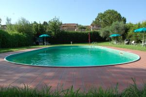 einen kleinen Pool mit einer Backsteinterrasse und Sonnenschirmen in der Unterkunft Tommaso 5 in Tuoro sul Trasimeno