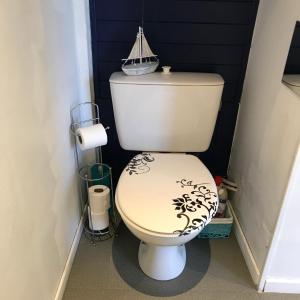 a bathroom with a toilet with a boat on the lid at Appartement Bayeux F3 in Bayeux