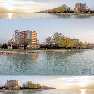 two pictures of a city and a lake at Vízparti SAS Apartman Siófok in Siófok