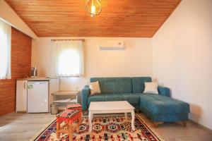 a living room with a green couch and a table at Merry Bungalow & Tent in Cıralı