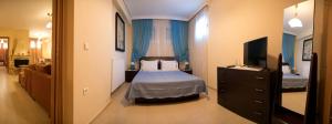 a bedroom with a bed and a television in it at Villa Eleni in Drosia