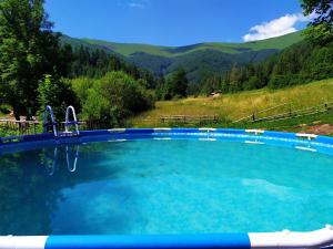 a large swimming pool with mountains in the background at Під Горбком in Bukovets
