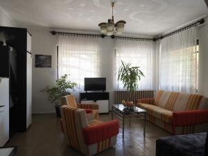 - un salon avec un canapé, des chaises et une télévision dans l'établissement Hoffman Apartment, à Balatonszárszó