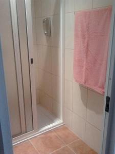 een badkamer met een douche en een roze handdoek bij Apartamentos Villa in Ponta do Sol