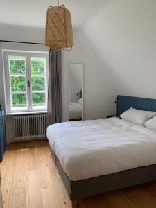 a bedroom with a bed and a large window at Boutique Gästehaus Guestel in Krems an der Donau
