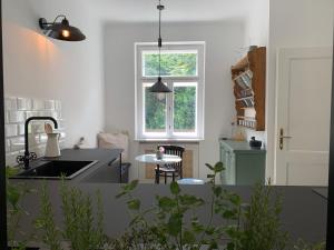 a kitchen with a sink and a counter top at Boutique Gästehaus Guestel in Krems an der Donau