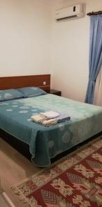 a bedroom with a bed with blue sheets and a rug at Mavi Pansiyon in Bodrum City