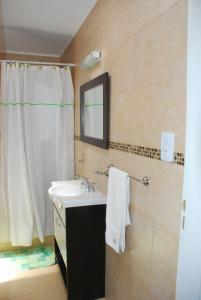 baño con lavabo y cortina de ducha en Las Calandrias en San Clemente del Tuyú