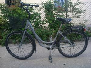 una bicicletta con un cesto è parcheggiata sulla strada di Hotel Villa Candia a Lignano Sabbiadoro
