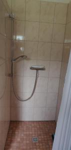 a shower in a bathroom with a tile floor at Ferienwohnungen am Werbellinsee in Schorfheide +27 photos