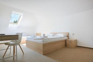 a bedroom with a bed and a desk and a desk at Pension Verona Centru in Cluj-Napoca