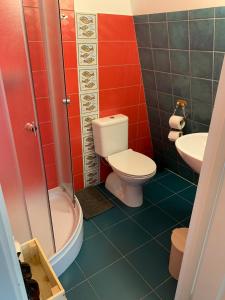 a small bathroom with a toilet and a sink at Beltes Street Guest House in Jūrmala