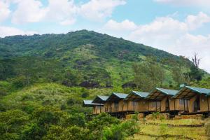 a row of houses on a hill in front of a mountain at Wild Glamping Knuckles - Thema Collection in Rangala