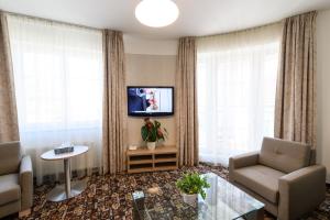 若托維斯的住宿－運動酒店，客厅配有沙发、椅子和电视