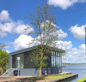 a small black house on a dock next to a tree at watervilla paterswoldsemeer in Eelderwolde