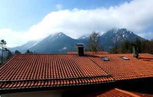 een rood tegeldak met bergen op de achtergrond bij Ferienwohnung Del Toso in Schliersee