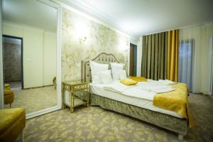 um quarto com uma cama grande e um espelho grande em Grand Hotel Minerva Resort & SPA em Băile Herculane