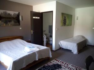 Cette chambre comprend deux lits et une salle de bains. dans l'établissement Mas du Colombier, à Saint-André-les-Alpes