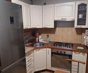 La cuisine est équipée de placards blancs et d'un réfrigérateur en acier inoxydable. dans l'établissement Apartament Jana z Kolna, à Ustka