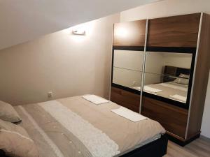 ein Schlafzimmer mit einem Bett und einem großen Spiegel in der Unterkunft Vacation Home Naluka in Donji Morinj