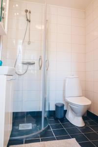 W łazience znajduje się prysznic, toaleta i umywalka. w obiekcie Skatans Café & Krog w mieście Skatan